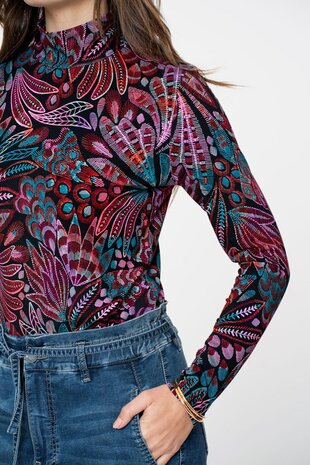 Geisha Top with col AOP jersey black/red/blue