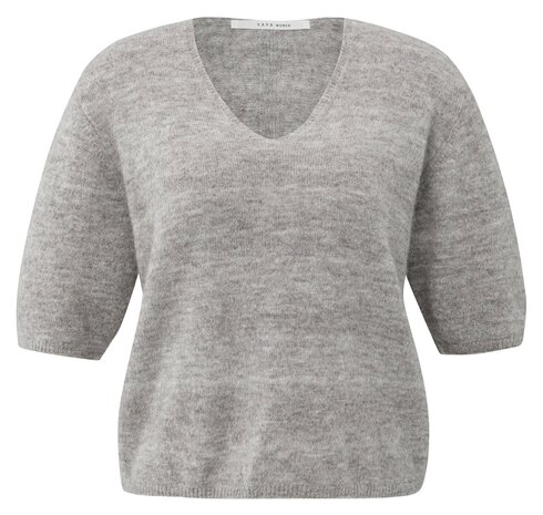 Yaya Melange knit with V-neck and button details taupe grey melange 01-000522-510