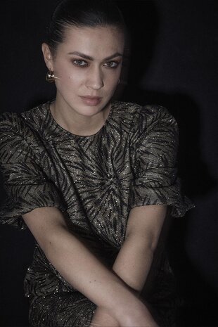 Tramontana Puff-Sleeve Top Sparkling Pattern Black