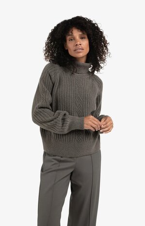 Yaya Ribbed turtleneck sweater with cable detail and long sleeves dark taupe grey melange 01-000525-510
