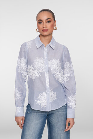Geisha Blouse embroidered flowers blue, off-white 63143-21