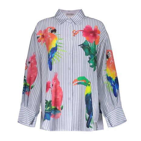 Geisha Blouse stripes & birds light blue, off-white, pink, green 63162-70