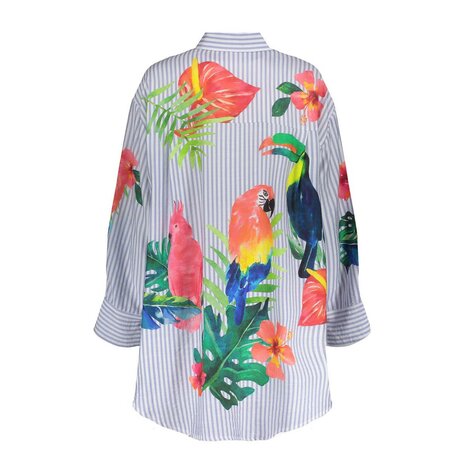 Geisha Blouse stripes & birds light blue, off-white, pink, green 63162-70