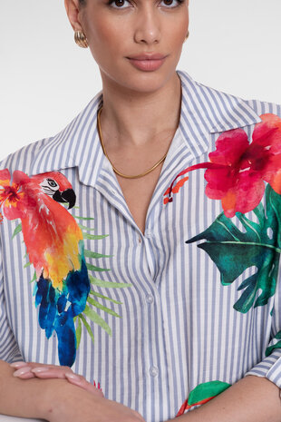 Geisha Blouse stripes & birds light blue, off-white, pink, green 63162-70