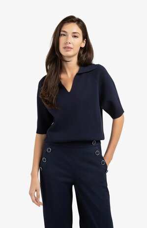 Yaya Knitted sweater with collar and short sleeves navy blazer blue