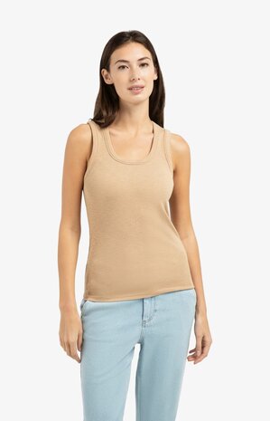 Yaya Ribbed singlet with round neckline tan brown