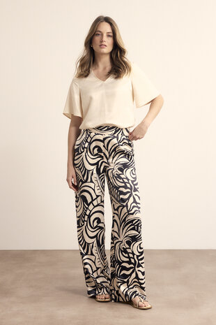 Tramontana Crinkle Satin V-Neck Top  Stone