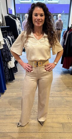 Tramontana Crinkle Satin V-Neck Top  Stone