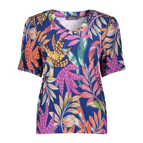 Geisha T-shirt JAZZ  V-neck jersey AOP  blue/fuchsia 62034-60