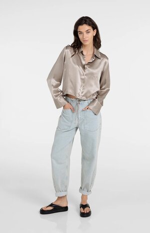 Yaya Crinkle blouse with drawstring crockery brown