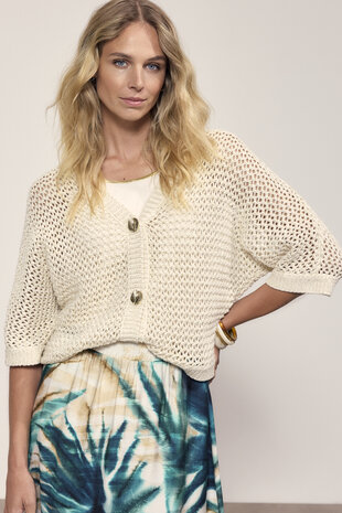 Tramontana Crochet V-Neck Cardigan  Stone