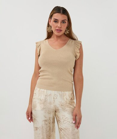 Esqualo Top v/neck ruffle slve sand