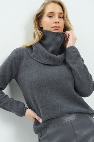 Yaya Sweater with scarf with buttons dark anthracite melange