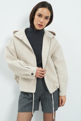 Yaya Woven wool mix oversized jacket with hood pure cashmere grey melange