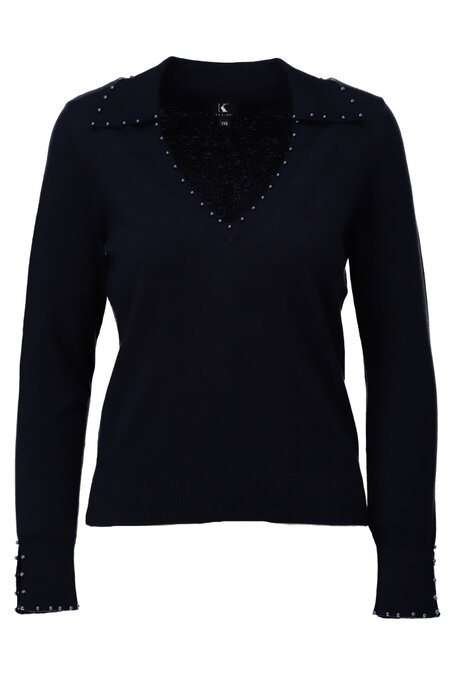 K-Design Pull met parels aan V hals B825 Navy