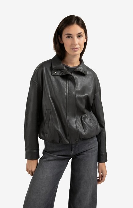 Yaya Faux leather jacket with baloon bottom hem anthracite brown 02-009060-509