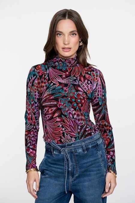 Geisha Top with col AOP jersey black/red/blue