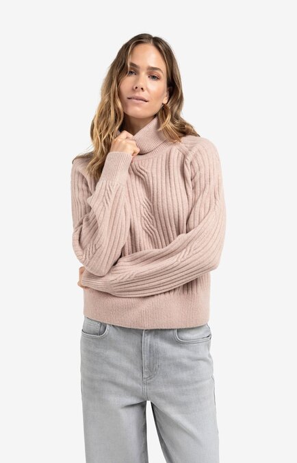 Yaya Ribbed turtleneck sweater with cable detail and long sleeves shadow gray pink melange 01-000525-510