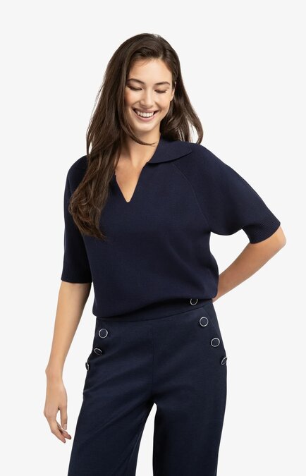 Yaya Knitted sweater with collar and short sleeves navy blazer blue