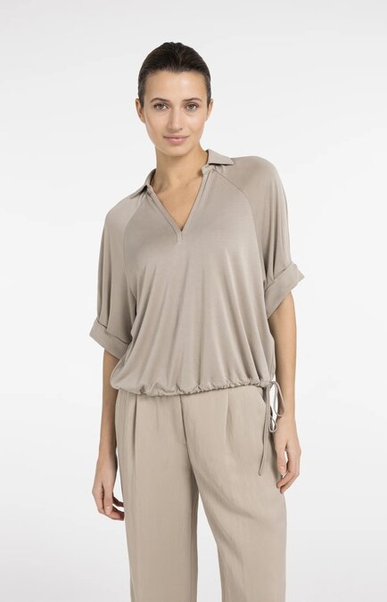 Yaya Jersey top with pleated sleeves crockery brown