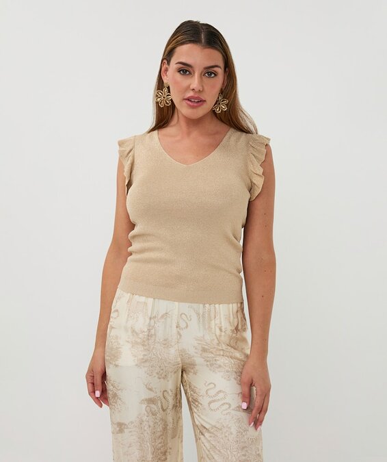 Esqualo Top v/neck ruffle slve sand