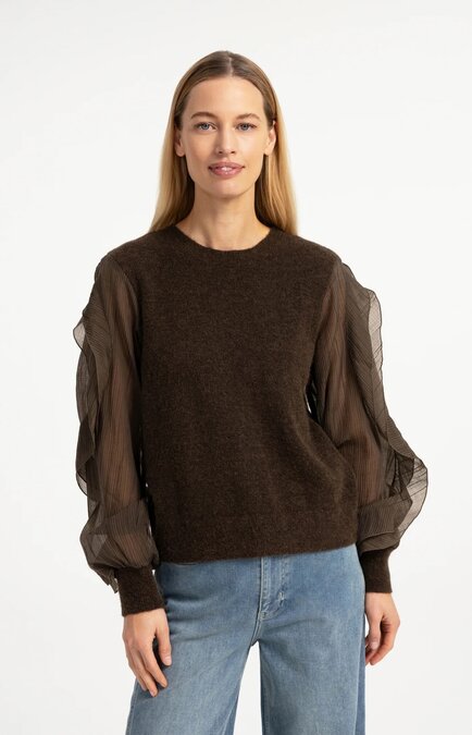 Yaya Knitted sweater with woven sleeves slate black brown