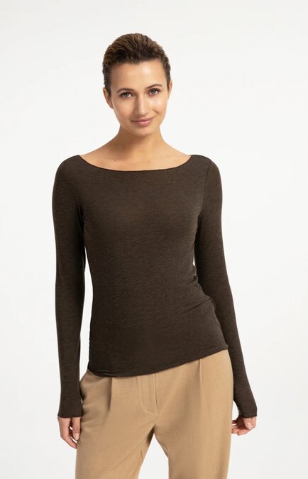 Yaya Long sleeve top with round neck slate black brown melange