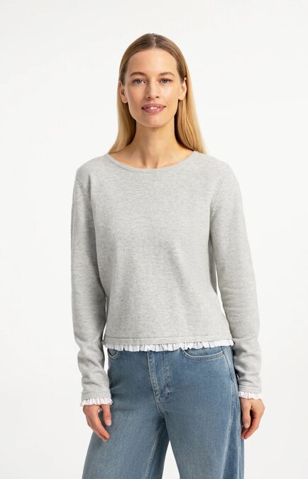 Yaya Fine yarn sweater with ruffle woven cuffs medium grey melange