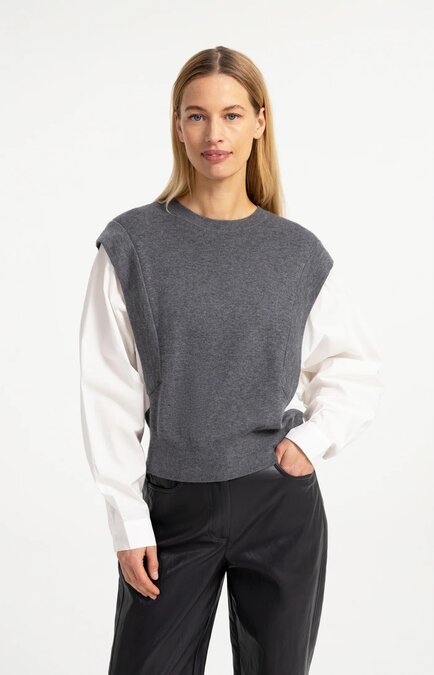Yaya Knitted sweater with woven sleeves grey melange