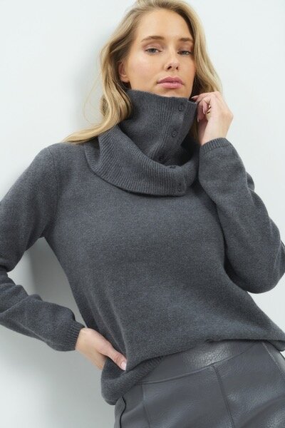 Yaya Sweater with scarf with buttons dark anthracite melange