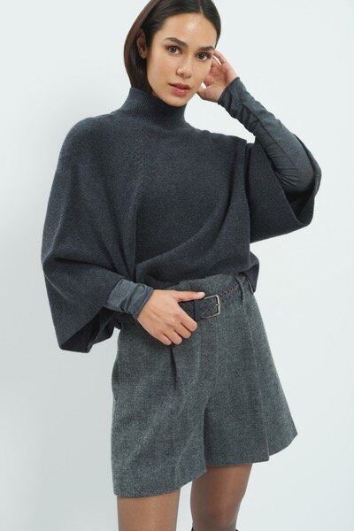 Yaya High neckline wide sleeve sweater dark anthracite melange