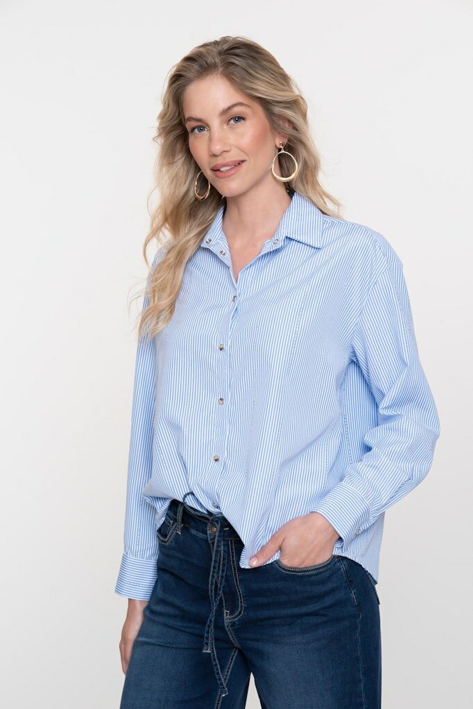 Geisha Blouse stripes w rhinestones blue/off-white