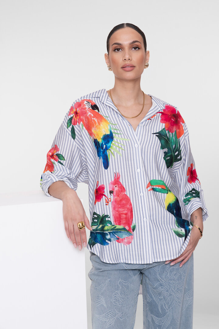 Geisha Blouse stripes & birds light blue, off-white, pink, green 63162-70