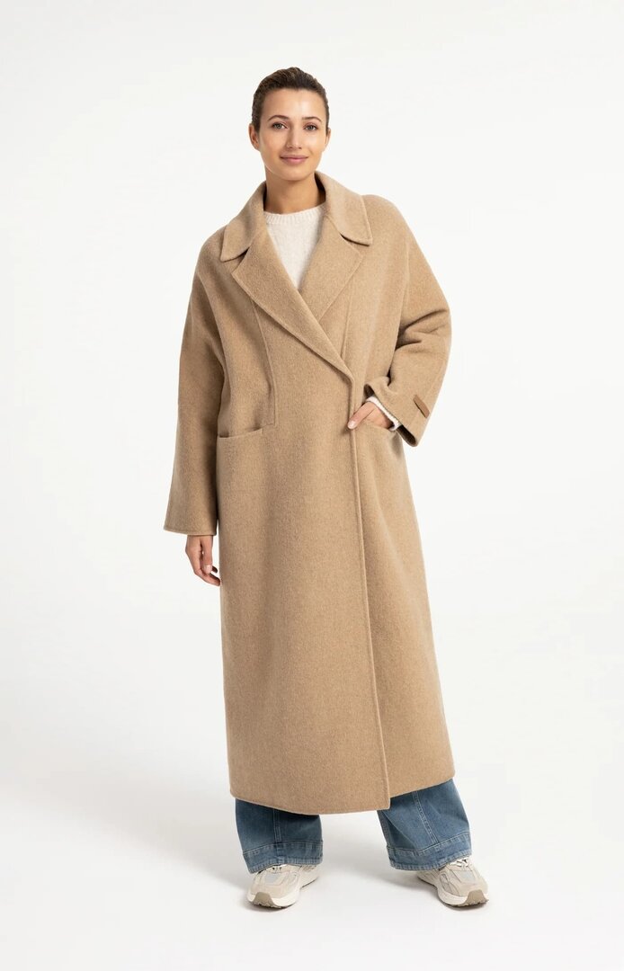 Yaya Extra long woven wool mix coat cornstalk brown melange