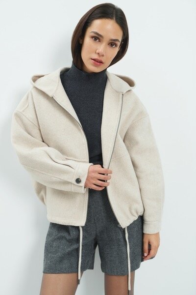Yaya Woven wool mix oversized jacket with hood pure cashmere grey melange