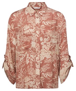 Yaya Printed long sleeve sheer blouse with chest pockets cedar wood red dessin