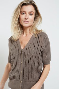 Yaya Cardigan with short sleeves in mesh with rib stitch bungee cord brown