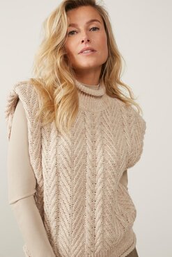 Yaya Cable knit spencer with high neckline ancient scroll sand
