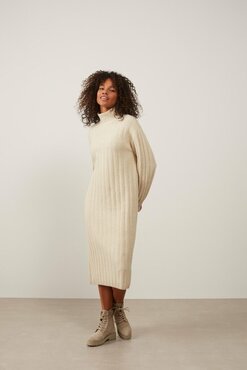Yaya Rib stitch knitted dress in a wool blend almond milk white