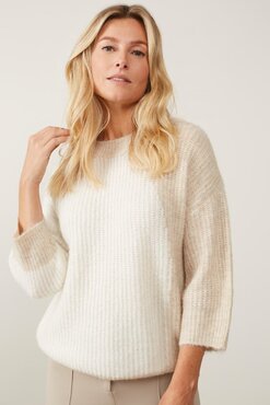 Yaya Boxy sweater with colored blocks and three-quarter sleeves wool white dessin