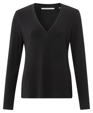 Yaya Soft T-shirt with V-neck and long sleeves in a slim fit black