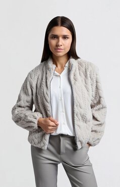 Yaya Short faux fur jacket with texture medium grey