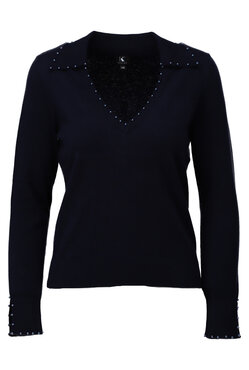 K-Design Pull met parels aan V hals B825 Navy